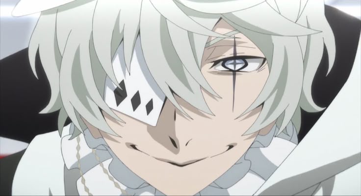 A picture of the character Nikolai Gogol from Bungo Stray Dogs. A close up of his face. His brows are turned down. He is smiling close-mouthed.