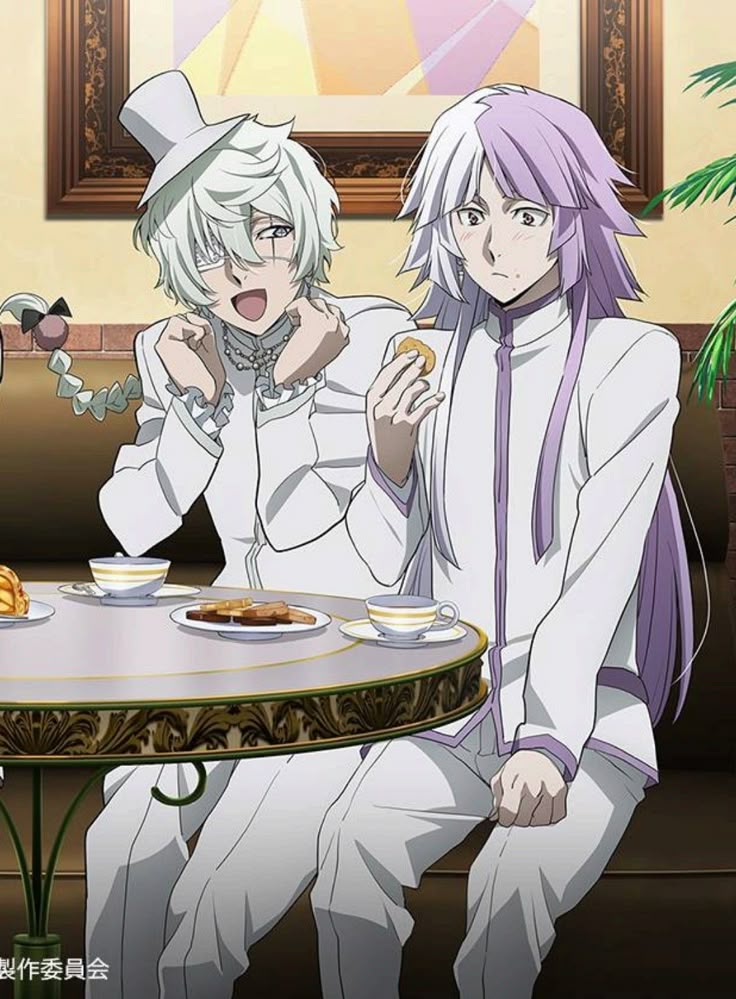 A picture of Nikoali Gogol and Sigma BSD. Sigma is eating a cookie with flushed cheeks and stars in his eyes. Holding the bitten cookie with his hand. Gogol is next to him and has his closed fists next to his face, his eyes squinted in an open-mouthed smile.