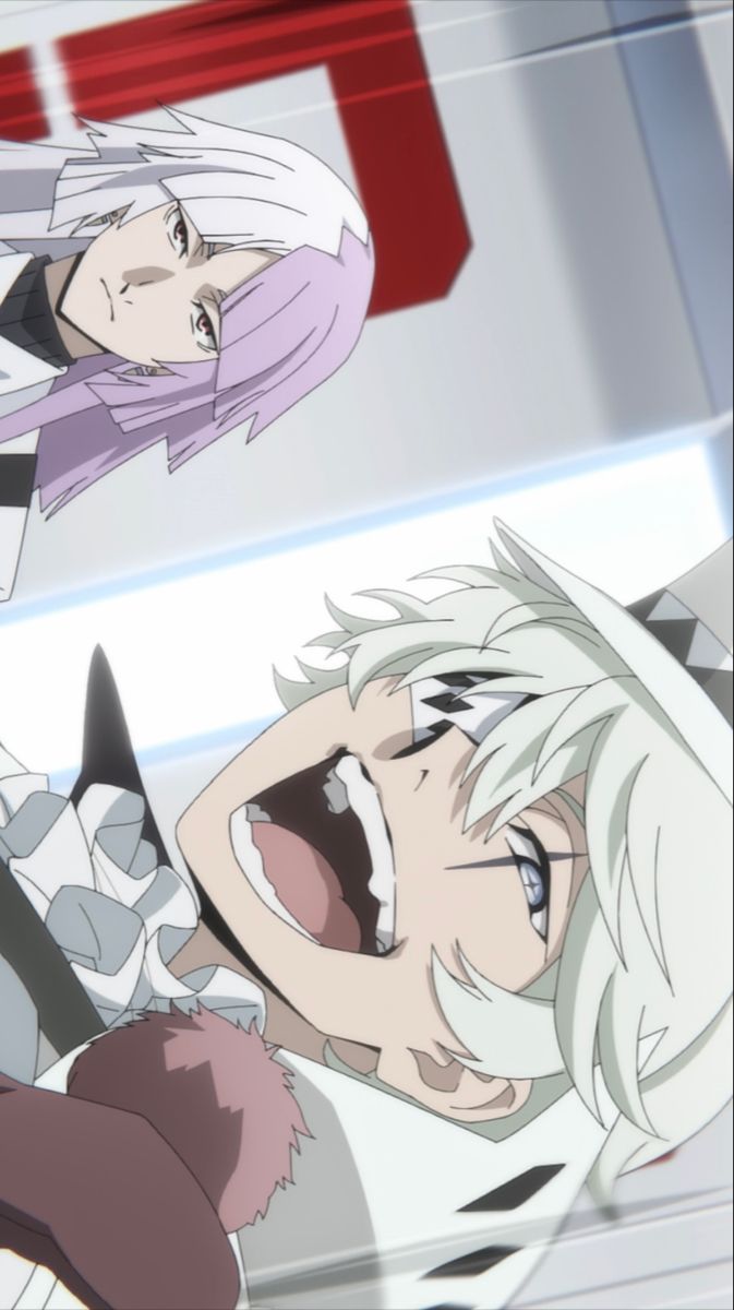 A picture of Sigma and Nikolai Gogol from Bungo Stray Dogs. Nikolai has his mouth in an open smile, presumably speaking. Sigma looks like he doesn't really want to be there.