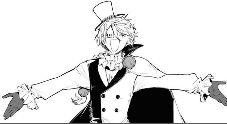 A picture of the character Nikolai Gogol from Bungo Stray Dogs. His eyes are closed in an open mouth smile. He has his arms spread out in performance.
