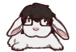 an illustration of a white bunny with white fur, black hair and glasses. he's laying down. he looks a little stupid.