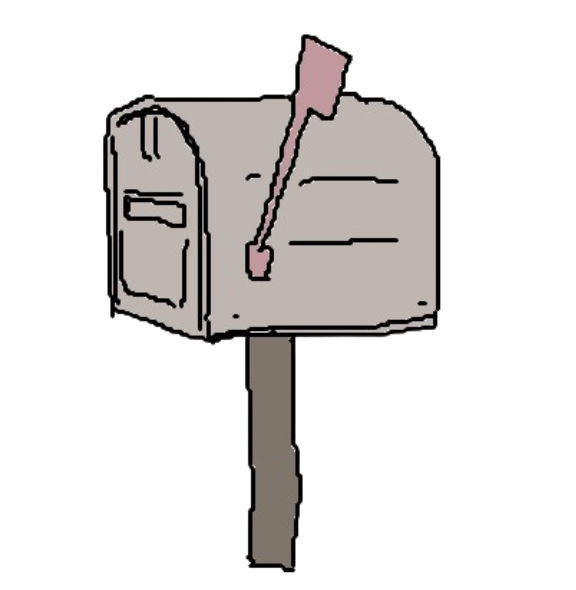 an illustration of a grey mail box. the flag is pink and standing upright. it's pole is a darker color than the body. the pallete seems to be very muted.