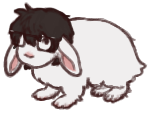 an illustration of a white bunny with white fur, black hair and glasses. he looks skeptical.